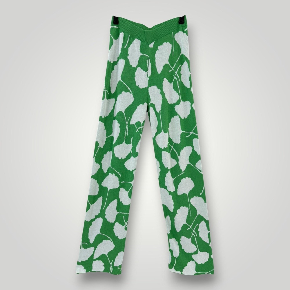 Diane Von Furstenberg Knit Pants Womens Small Green Floral Pull On Lounge Soft